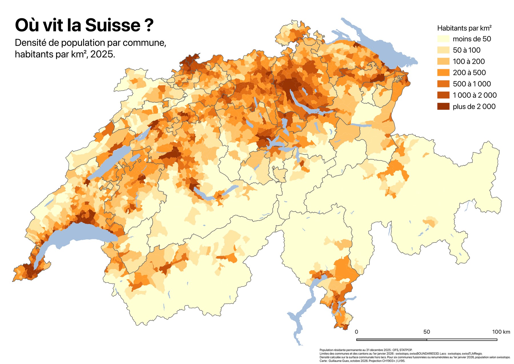 Choropleth map of Switzerland showing population density per commune in 2025, in seven classes