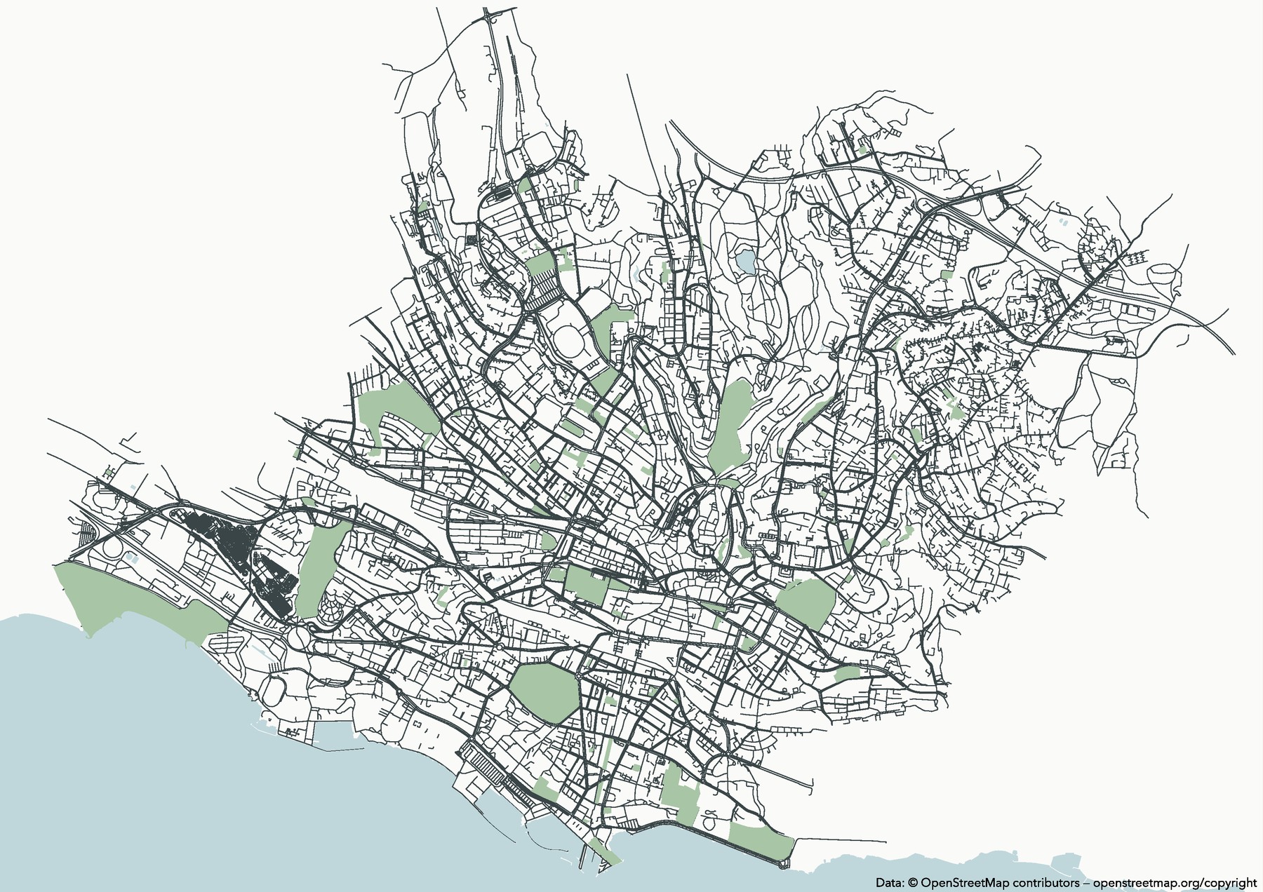 Minimal map of central Lausanne showing streets, parks and the lake shore on a near-white background