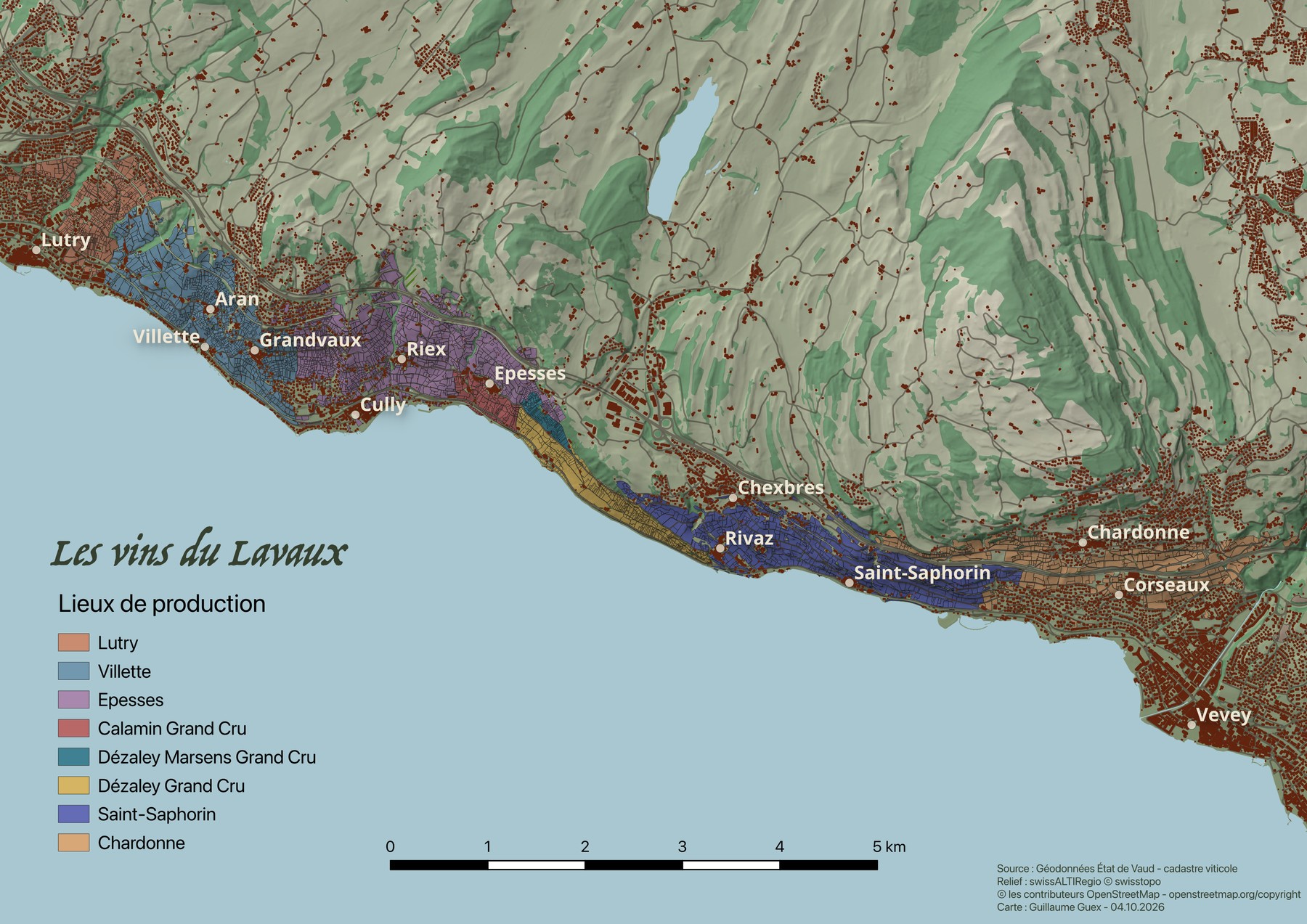 Map of the Lavaux vineyards between Lutry and Vevey, with vineyard parcels coloured by production area over a shaded relief